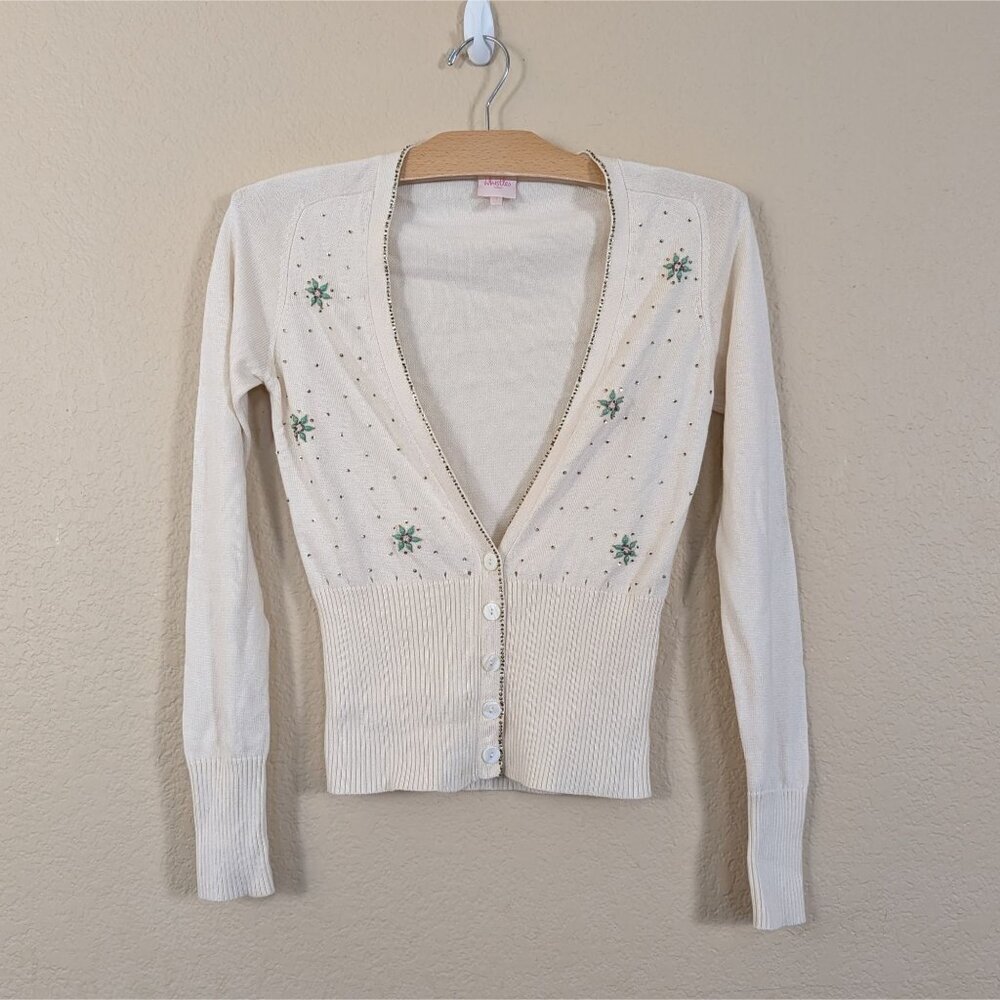Y2k Vtg Whistles London Silk Cashmere Cardigan Floral Eyelet Embellished Size 2